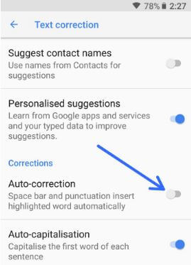 Вимкніть Автовиправлення на Android 8.1 і 8.0 Oreo