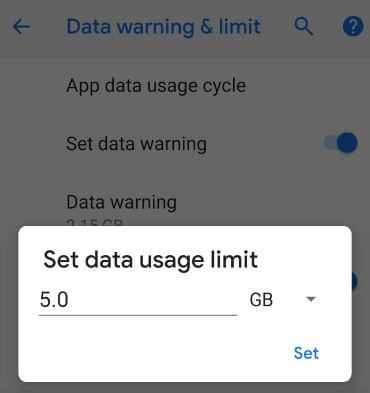 Як встановити ліміт даних в android P 9.0